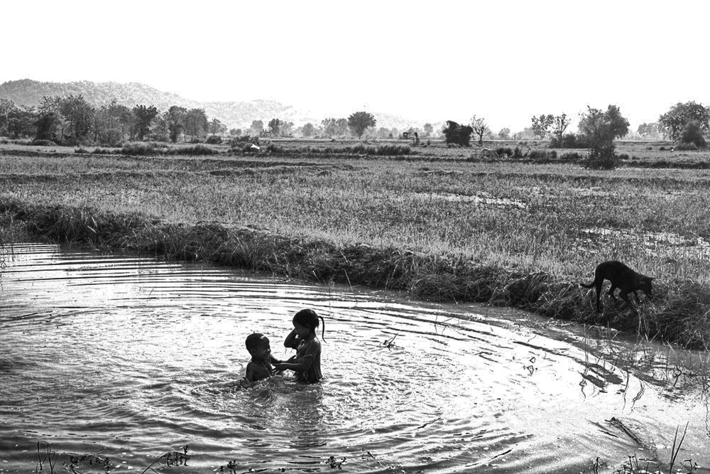 Two children play in a rice field near the Preah Vihear.